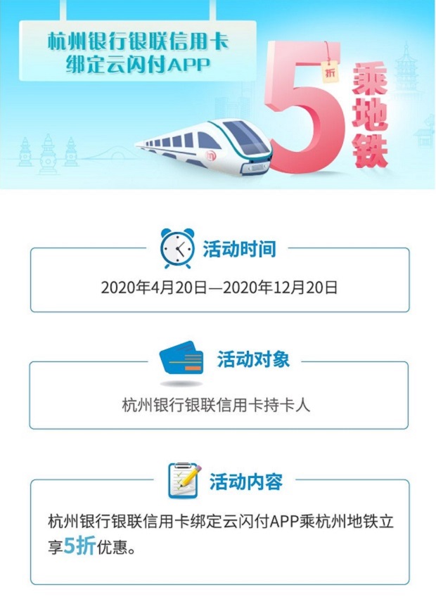 杭州银行银联信用卡绑定云闪付APP 5折乘地铁