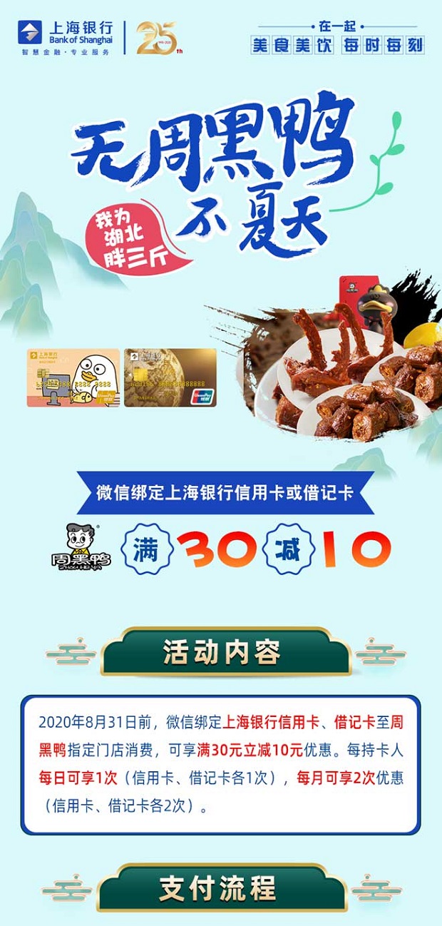 上海银行信用卡、借记卡周黑鸭满30减10元