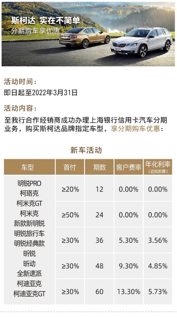 上海银行信用卡分期 斯柯达分期购车享优惠