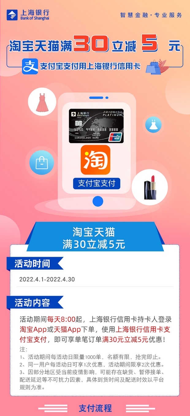 上海银行信用卡淘宝天猫天天减！满30立减5元