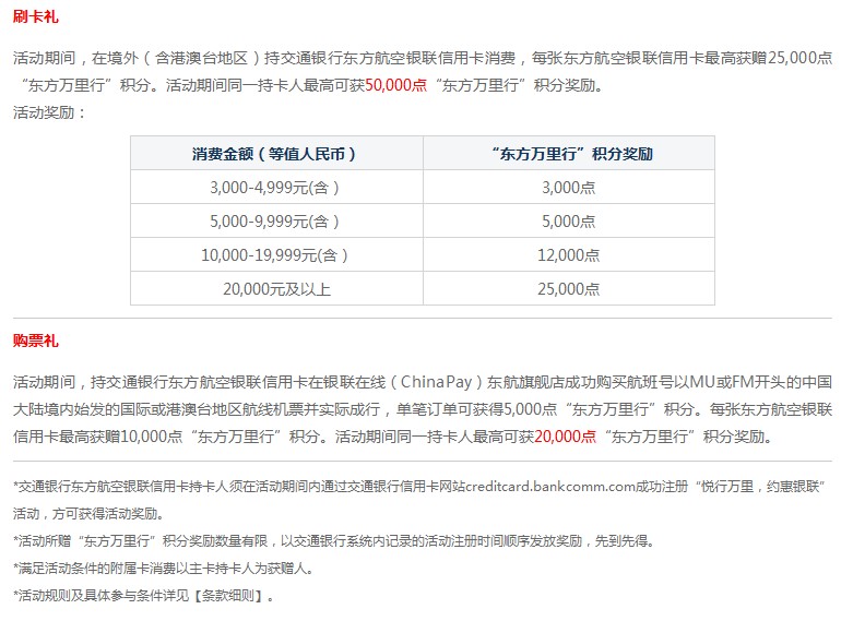 刷交通银行东方航空银联信用卡，最高获取70,000点