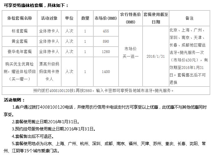 刷农行信用卡 享爱康国宾体检套餐买一送一