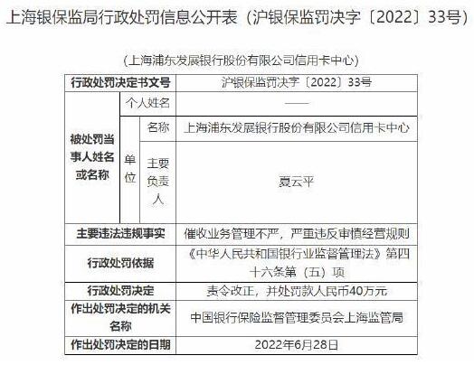 浦发、招行信用卡中心因催收管理不严、发卡授信不审慎各被罚40万