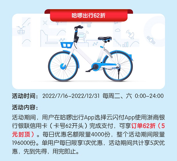 浙商银行信用卡哈啰出行62折